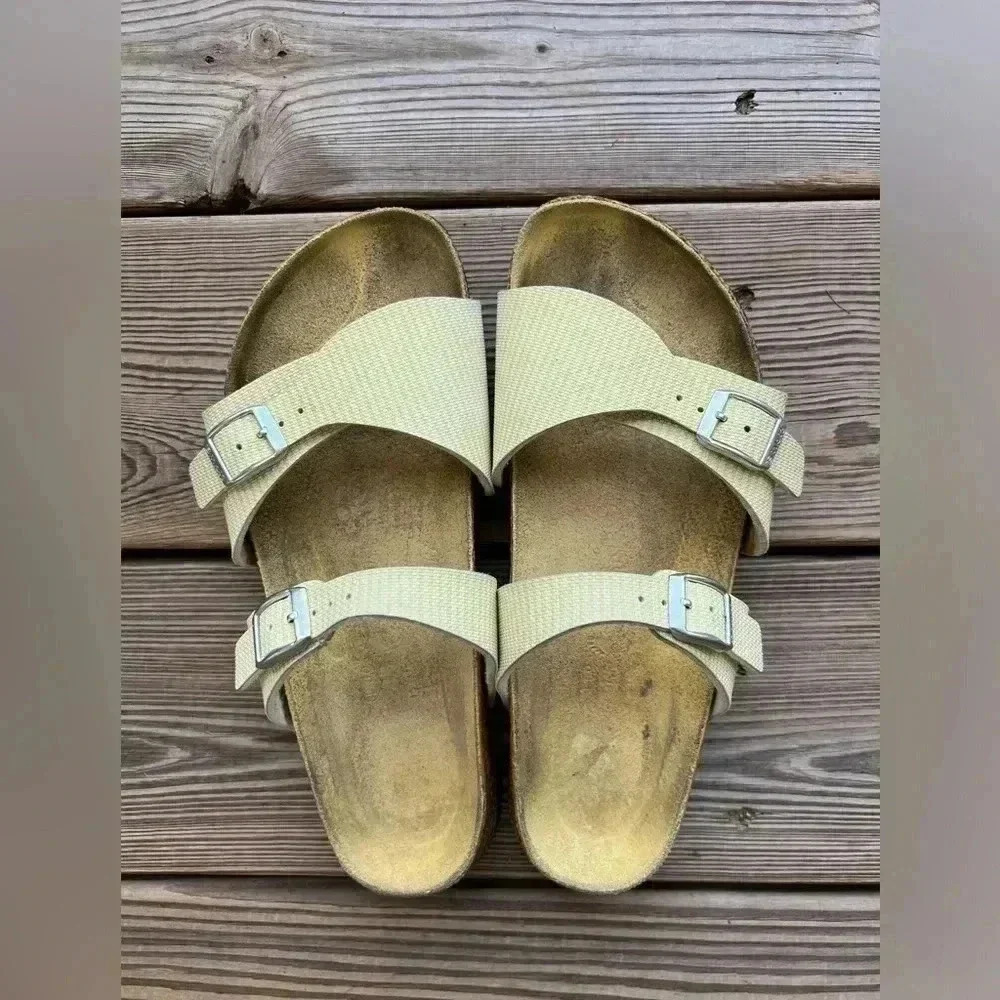 Birkenstock Birkis Women’s Sz 7 Aziza Narvic Stripes Yellow Sandals
